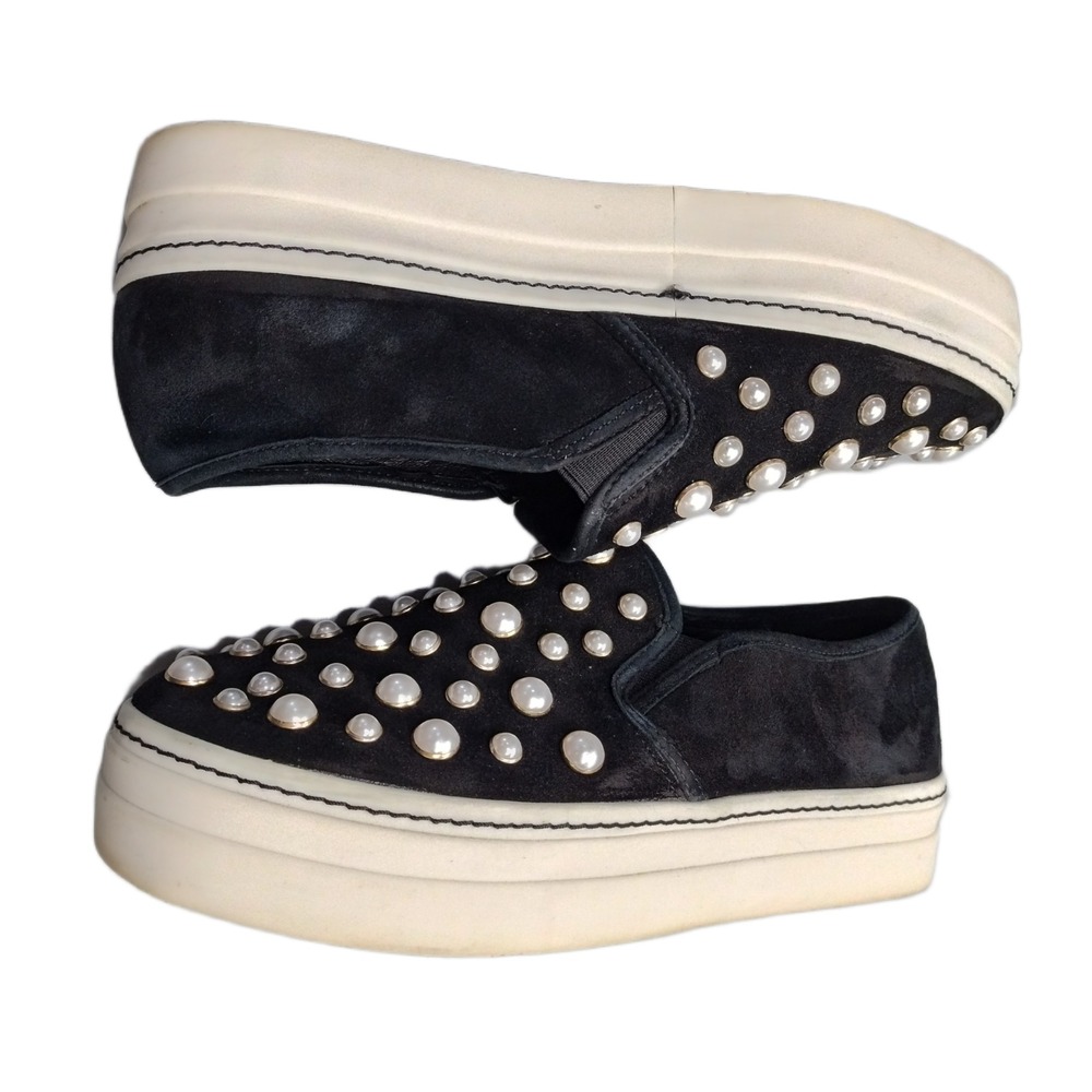 Alice + Olivia Sasha Sneakers Womens Size 7.5M Black White Pearls Slip On EUC